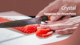  Presentation with salmon dish - PPT layouts with hand with knife cuts fish background and a coral colored foreground
