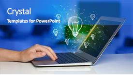  Presentation with light bulb idea invention presenter - PPT theme consisting of hand with laptop and glowing background and a cobalt blue colored foreground