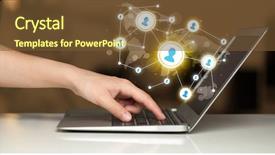  Presentation with social media network - Slide deck consisting of hand with laptop and social background and a tawny brown colored foreground