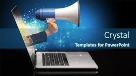  Presentation with sparkling - Presentation theme enhanced with hand with loudspeaker coming out of a laptop with sparkling effects background and a ocean colored foreground