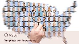  Presentation with staff - PPT theme enhanced with hand-with-magnifying-glass-searches background and a coral colored foreground