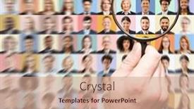  Presentation with diverse business people - PPT theme consisting of hand-with-magnifying-glass-searches background and a  colored foreground