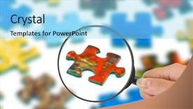  Presentation with red puzzle - Colorful PPT theme enhanced with hand with magnifying glass backdrop and a light blue colored foreground