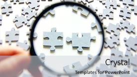  Presentation with red puzzle - Colorful presentation enhanced with hand with magnifying glass backdrop and a light gray colored foreground