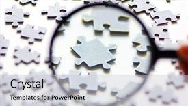  Presentation with red puzzle - Colorful slide deck enhanced with hand with magnifying glass backdrop and a light gray colored foreground