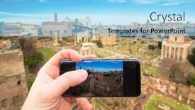  Presentation with forum - PPT theme with hand-with-mobile-camera-making background and a light blue colored foreground