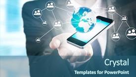  Presentation with mobile technology - Beautiful PPT layouts featuring hand with mobile phone modern backdrop and a ocean colored foreground