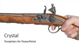  Presentation with old fashioned black and white - Audience pleasing PPT theme consisting of hand with old pistol isolated backdrop and a white colored foreground
