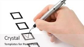  Presentation with check or tick mark - Theme featuring hand with pen and check background and a light gray colored foreground