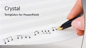  Presentation with sheet music - PPT theme consisting of hand with pen and music background and a white colored foreground