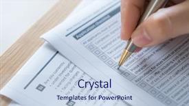  Presentation with application - PPT theme consisting of hand-with-pen-over-application background and a light blue colored foreground