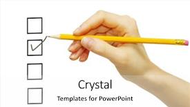  Presentation with boxes - PPT theme featuring hand with pencil and check background and a white colored foreground