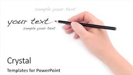  Presentation with hand holding pencil - Colorful theme enhanced with hand with pencil backdrop and a white colored foreground