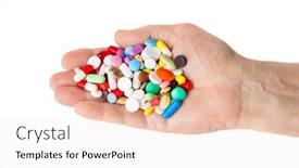 Presentation with white pills spilled from pills - Cool new theme with hand-with-pills-isolated backdrop and a sky blue colored foreground