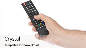  Presentation with intilligent control - Audience pleasing slide set consisting of hand with remote control isolated backdrop and a sky blue colored foreground