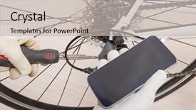  Presentation with bicycle - Cool new slides with hand with screwdriver adjusting bicycle's rear derailleur and checking on-line manual on the smart phone backdrop and a soft green colored foreground