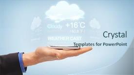 Presentation with weather - PPT layouts enhanced with hand with smartphone and forecast background and a sky blue colored foreground