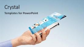  Presentation with mass media business technology internet - Cool new PPT theme with hand with smartphone and news backdrop and a light blue colored foreground