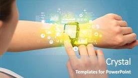  Presentation with medical healt - Audience pleasing PPT layouts consisting of hand with smartwatch and health backdrop and a teal colored foreground