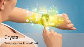  Presentation with medical hand - Colorful presentation design enhanced with hand with smartwatch and health backdrop and a coral colored foreground