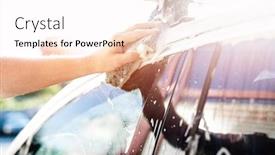  Presentation with car cleaning - Audience pleasing slide set consisting of hand-with-sponge-is-cleaning backdrop and a sky blue colored foreground