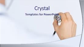  Presentation with medical robot hand and doctor - Audience pleasing slide set consisting of hand with stethoscope listening somebody backdrop and a  colored foreground