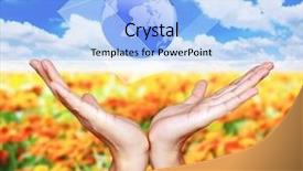  Presentation with world peace - Beautiful PPT theme featuring hand with the world backdrop and a light blue colored foreground