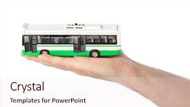  Presentation with bus - Amazing presentation design having hand with toy bus isolated backdrop and a sky blue colored foreground