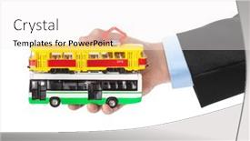  Presentation with tram - Amazing presentation design having hand-with-toy-bus backdrop and a white colored foreground