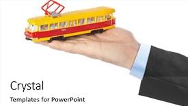  Presentation with banquet server hand tray - Slide deck featuring hand with toy tram isolated background and a white colored foreground