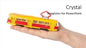  Presentation with tram - PPT theme with hand with toy tram isolated background and a white colored foreground