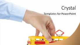 Presentation with tram - Presentation theme having hand with toy tram isolated background and a white colored foreground