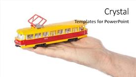  Presentation with tram - Audience pleasing presentation theme consisting of hand with toy tram isolated backdrop and a white colored foreground