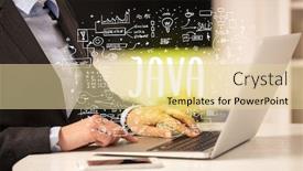  Presentation with new technology - Cool new slides with hand-working-on-new-modern backdrop and a blonde colored foreground