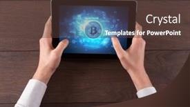  Presentation with cryptocurrency - Presentation consisting of hand working on tablet with cryptocurrency and network concept background and a tawny brown colored foreground