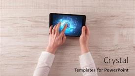  Presentation with cryptocurrency - Amazing presentation theme having hand working on tablet backdrop and a coral colored foreground