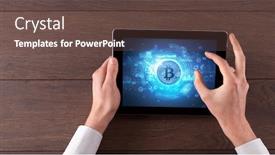  Presentation with cryptocurrency - Colorful presentation theme enhanced with hand working on tablet with cryptocurrency and network concept backdrop and a tawny brown colored foreground