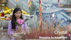  Presentation with flower woman - Presentation consisting of hand worshipping flowers - asian buddhist woman praying background and a violet colored foreground
