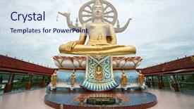  Presentation with buddha - Presentation theme featuring hand worshipping flowers - golden buddha statue outdoor landmark background and a sky blue colored foreground