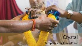  Presentation with ceremony - Colorful slide set enhanced with hand worshipping flowers - people received flower garland backdrop and a gold colored foreground