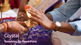  Presentation with oil lamp - Presentation design consisting of hand worshipping flowers - people received prayers from priest background and a violet colored foreground