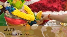  Presentation with prayers - PPT theme having hand worshipping flowers - south indian prayers heritage items background and a gold colored foreground
