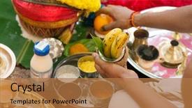  Presentation with children praying - Beautiful presentation design featuring hand worshipping flowers - traditional indian hindu religious praying backdrop and a coral colored foreground