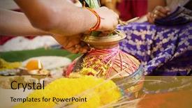  Presentation with children praying - Presentation enhanced with hand worshipping flowers - traditional indian hindu religious praying background and a gold colored foreground