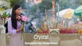  Presentation with flower woman - Presentation theme having hand worshipping flowers - vietnamese buddhist woman praying background and a coral colored foreground