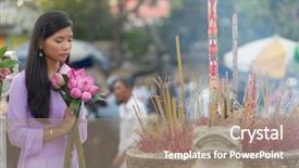  Presentation with flower woman - Beautiful slide deck featuring hand worshipping flowers - vietnamese woman praying at temple backdrop and a coral colored foreground