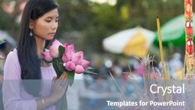  Presentation with woman praying over bible - Cool new presentation theme with hand worshipping flowers - vietnamese woman praying in temple backdrop and a seafoam green colored foreground