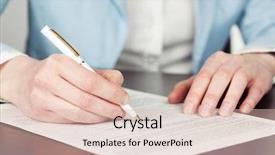  Presentation with contract - Presentation having hand writing - business woman signing contract background and a lemonade colored foreground