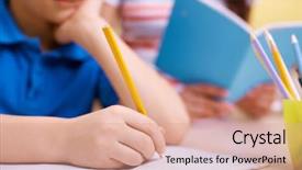  Presentation with pencils - PPT layouts featuring hand writing - portrait of smart lad drawing background and a coral colored foreground