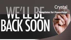  Presentation with writing - Colorful slide deck enhanced with we'll be back soon backdrop and a dark gray colored foreground